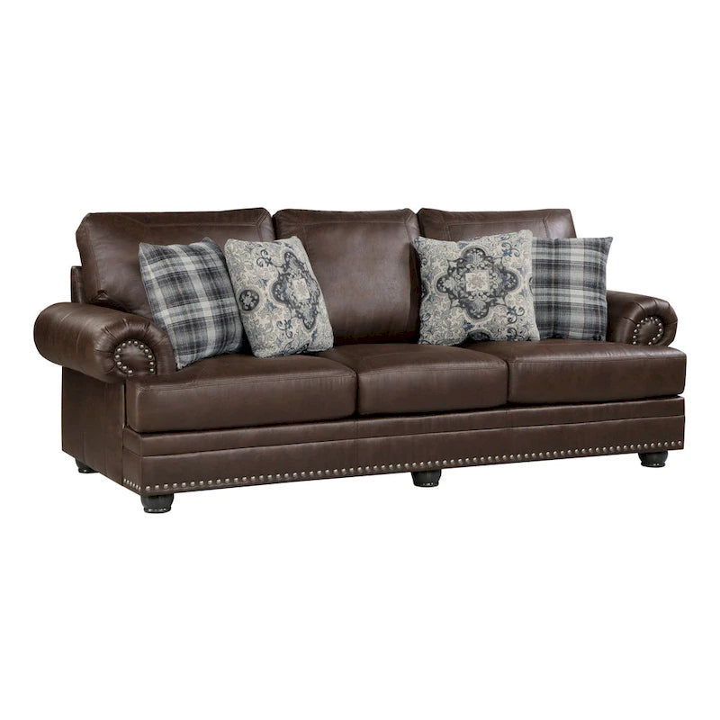 Divano Jade 249 cm, Microfibra Marrone Scuro, 4 Cuscini Decorativi, Cuscini Morbidi, Legno