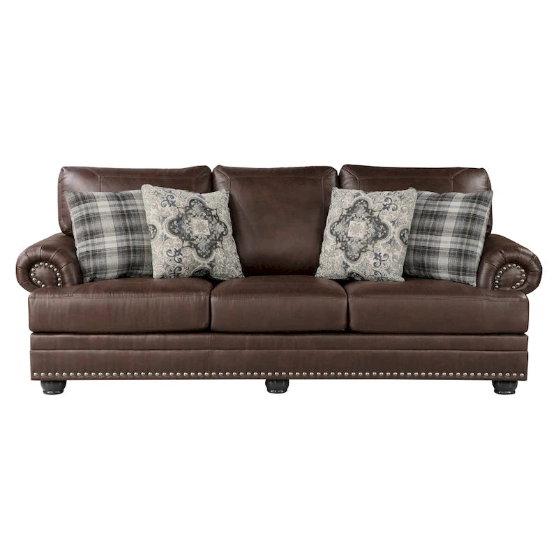 Divano Jade 249 cm, Microfibra Marrone Scuro, 4 Cuscini Decorativi, Cuscini Morbidi, Legno