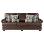 Divano Jade 249 cm, Microfibra Marrone Scuro, 4 Cuscini Decorativi, Cuscini Morbidi, Legno