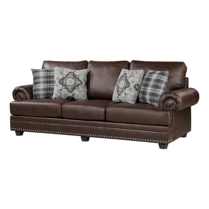 Divano Jade 249 cm, Microfibra Marrone Scuro, 4 Cuscini Decorativi, Cuscini Morbidi, Legno