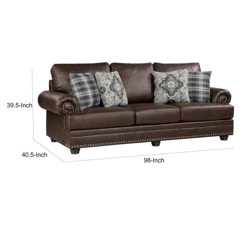 Divano Jade 249 cm, Microfibra Marrone Scuro, 4 Cuscini Decorativi, Cuscini Morbidi, Legno