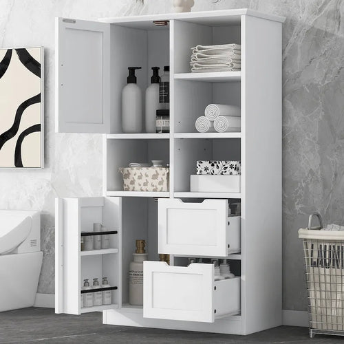 Mobiletto da Bagno con 2 Ante, 2 Cassetti, Ripiano Aperto e Ripiano Regolabile
