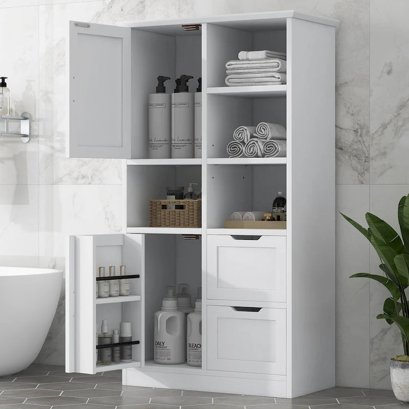 Mobiletto da Bagno con 2 Ante, 2 Cassetti, Ripiano Aperto e Ripiano Regolabile
