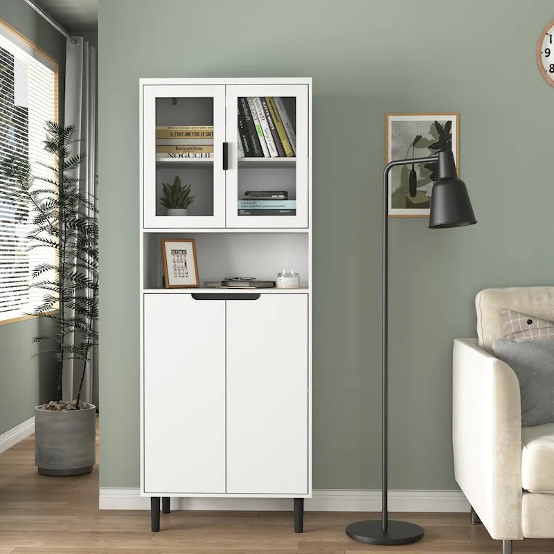 Vetrina Alta con 2 Ante in Vetro e 2 Ante, Mobile Moderno da Terra per Bagno, Sala da Pranzo, Soggiorno