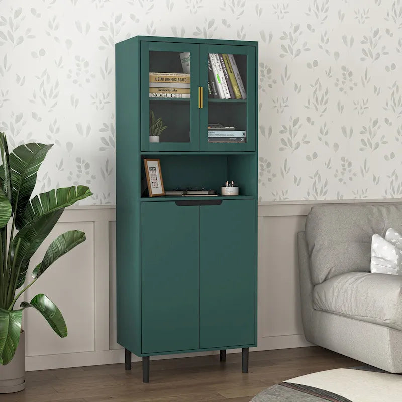 Vetrina Alta con 2 Ante in Vetro e 2 Ante, Mobile Moderno da Terra per Bagno, Sala da Pranzo, Soggiorno