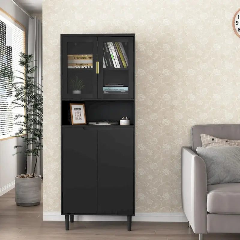 Vetrina Alta con 2 Ante in Vetro e 2 Ante, Mobile Moderno da Terra per Bagno, Sala da Pranzo, Soggiorno