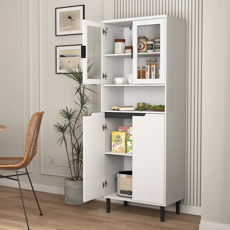 Vetrina Alta con 2 Ante in Vetro e 2 Ante, Mobile Moderno da Terra per Bagno, Sala da Pranzo, Soggiorno