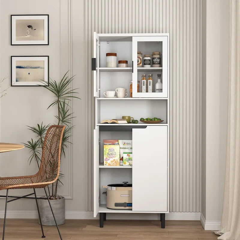 Vetrina Alta con 2 Ante in Vetro e 2 Ante, Mobile Moderno da Terra per Bagno, Sala da Pranzo, Soggiorno